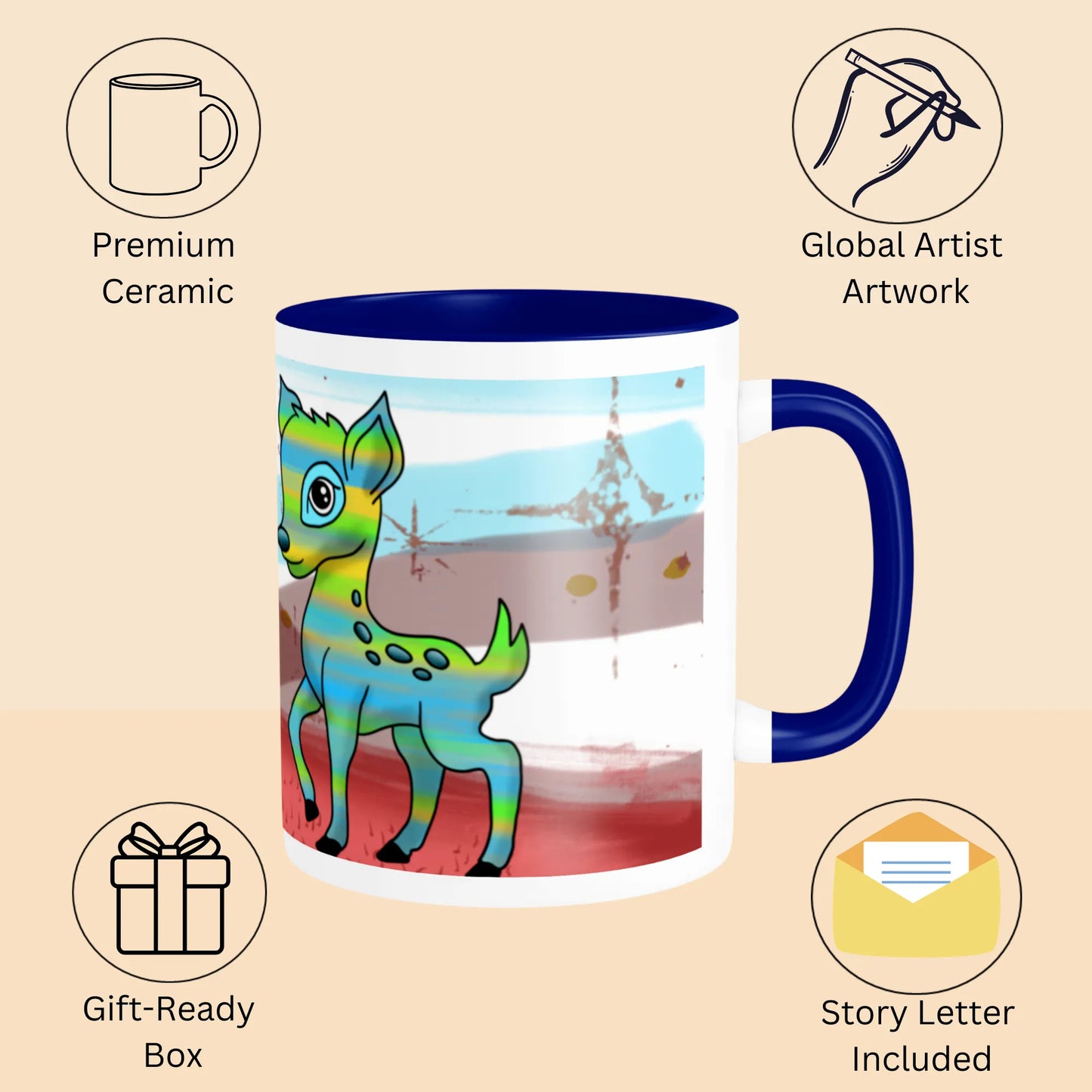 PAINTZSTORIES Owl and Deer Artistic Ceramic Coffee Mug with Digital Print by Global Artists | Durable Ceramic Cup for Coffee, Tea & Cold Beverages | Printed Mug for Birthday Gift | 350ml