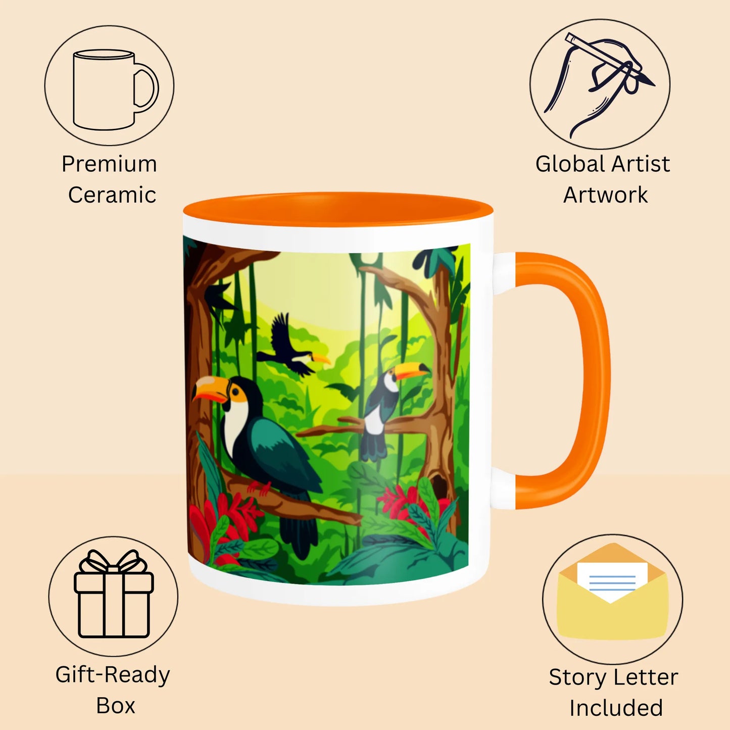 PAINTZSTORIES Toucan Serenity Artistic Ceramic Coffee Mug with Digital Print by Global Artists | Durable Ceramic Cup for Coffee, Tea & Cold Beverages | Printed Mug for Birthday Gift | 350ml