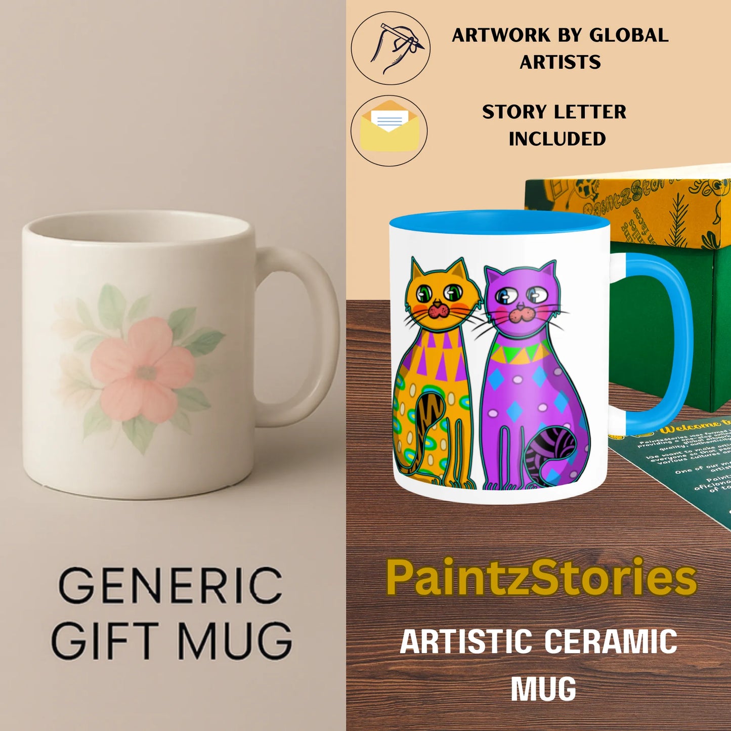 PAINTZSTORIES Two Fancy Cats Artistic Ceramic Coffee Mug with Digital Print by Global Artists | Durable Ceramic Cup for Coffee, Tea & Cold Beverages | Printed Mug for Birthday Gift | 350ml