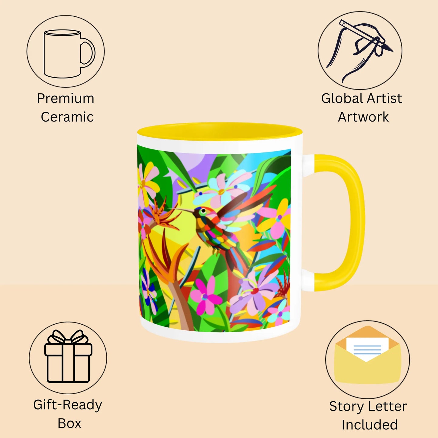 PAINTZSTORIES A Vibrant Bird Artistic Ceramic Coffee Mug with Digital Print by Global Artists | Durable Ceramic Cup for Coffee, Tea & Cold Beverages | Printed Mug for Birthday Gift | 350ml