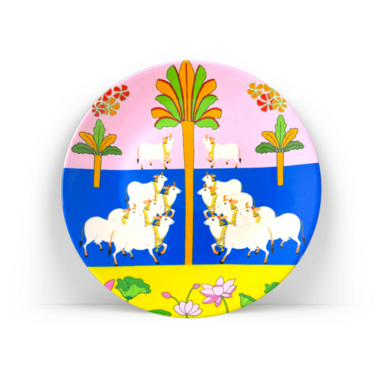 PAINTZSTORIES Decorative Wall Plate for Home Decoration | Ceramic Wall Art Plate | Wall Decor items for Living Room & Bedroom | Handmade Artwork Cows in Bloom – A Pichwai Reverie | Gift for house | 10 INCH
