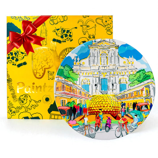 PAINTZSTORIES Decorative Wall Plate for Home Decoration | Ceramic Wall Art Plate | Wall Decor items for Living Room & Bedroom | Handmade Artwork Enchanting Pondicherry | Gift for house | 10 INCH