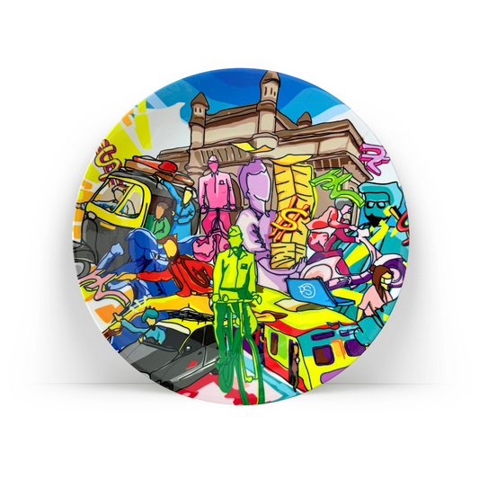 PAINTZSTORIES Decorative Wall Plate for Home Decoration | Ceramic Wall Art Plate | Wall Decor items for Living Room & Bedroom | Handmade Artwork Mumbai Hustle | Gift for house | 10 INCH