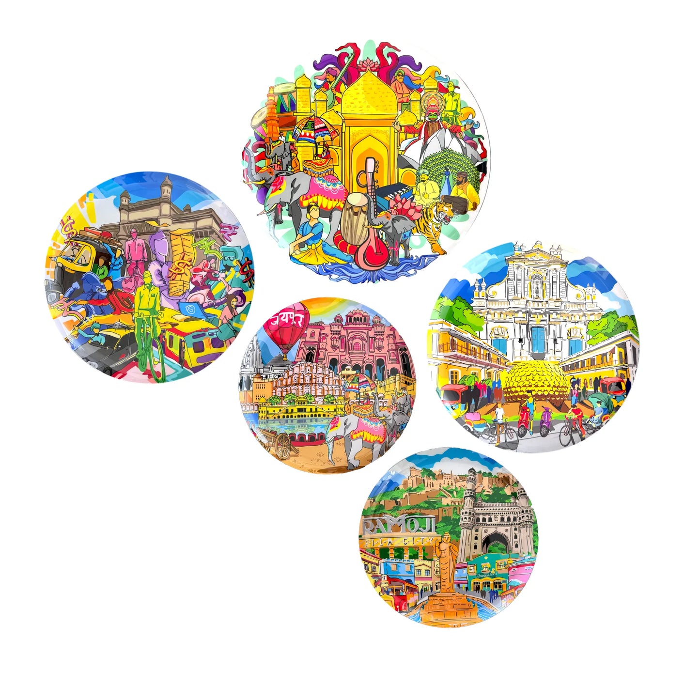 PAINTZSTORIES Metal Wall Art Plates for Home Decoration | Decorative Wall Plates | Wall Decor items for Living Room & Bedroom | Handmade Artwork Indian Cities | Décor Items | Gift for house (Set of 5)