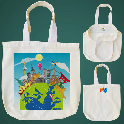 "World Wonders: A Doodle Illustration of Iconic Landmarks" Artistic Tote Bag