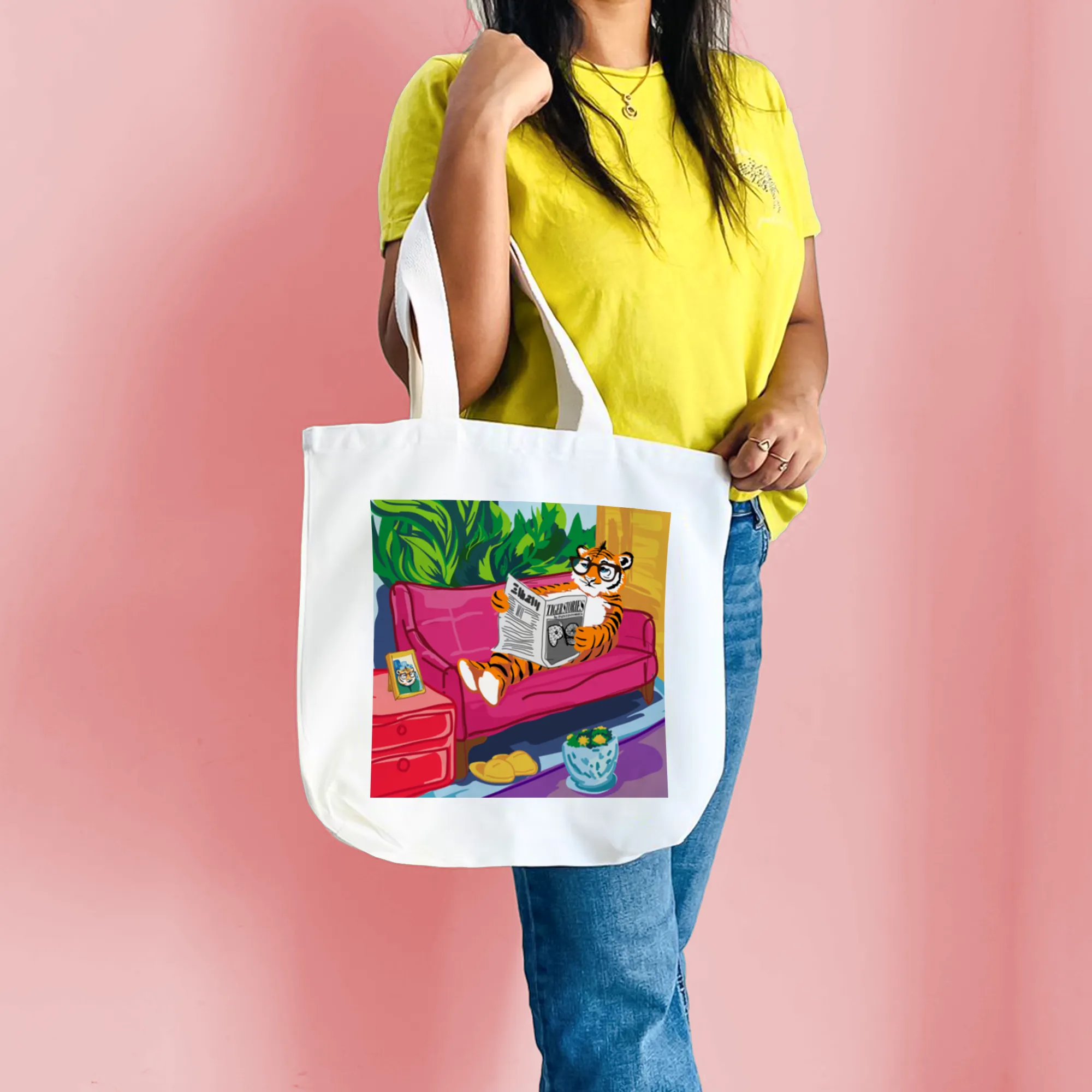 "Tiger's Leisure: Pop Art Illustration of a Relaxing Read" Artistic Tote Bag