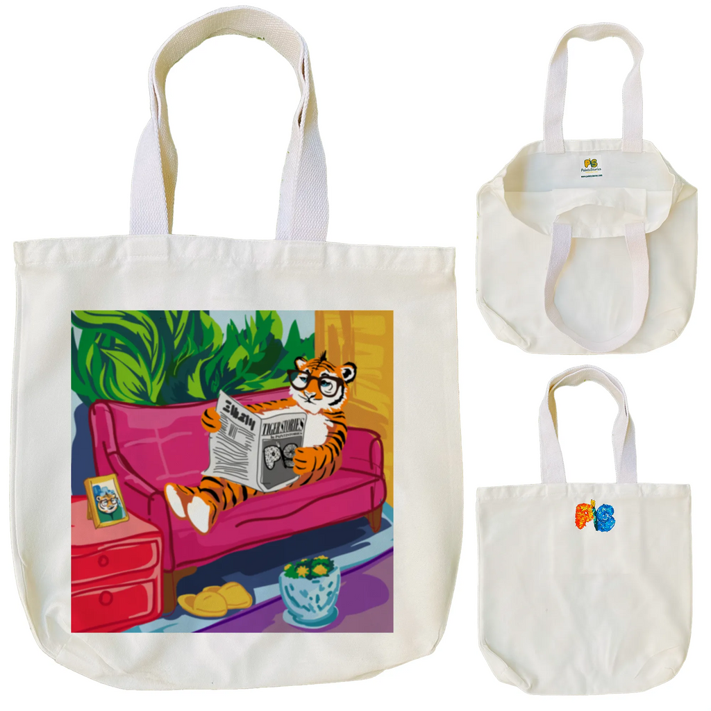 "Tiger's Leisure: Pop Art Illustration of a Relaxing Read" Artistic Tote Bag