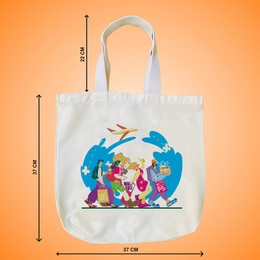 "Travel Tales: A Flat Art Illustration of Happy Tourists Returning from Adventures" Artistic Tote Bag