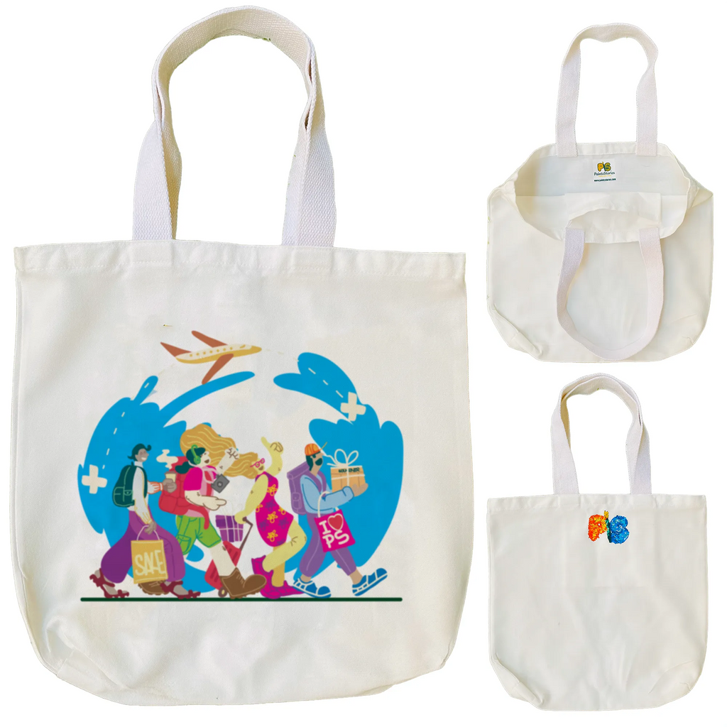 "Travel Tales: A Flat Art Illustration of Happy Tourists Returning from Adventures" Artistic Tote Bag