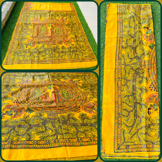 "Madhubani Handpainted Artistic Saree- Radha and Krishna"