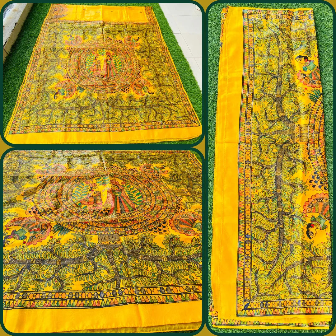 "Madhubani Handpainted Artistic Saree- Radha and Krishna"