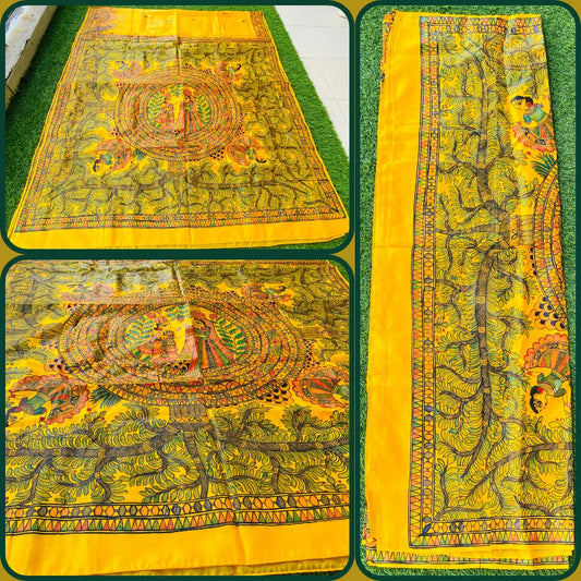 "Madhubani Handpainted Artistic Saree- Radha and Krishna"