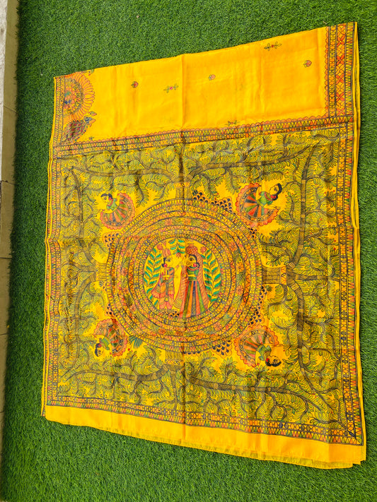 "Madhubani Handpainted Artistic Saree- Radha and Krishna"