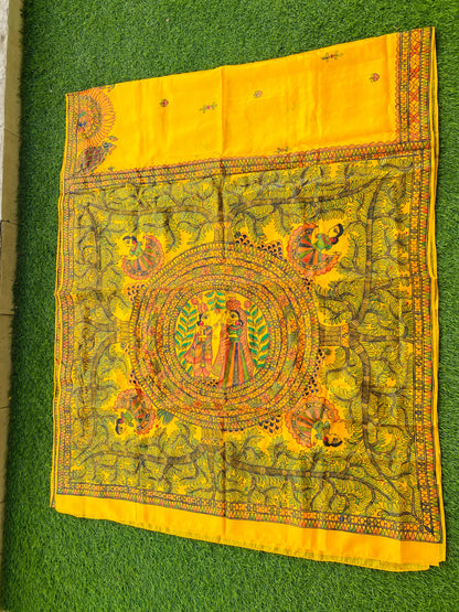 "Madhubani Handpainted Artistic Saree- Radha and Krishna"