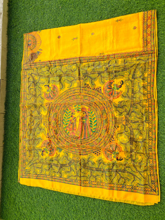 "Madhubani Handpainted Artistic Saree- Radha and Krishna"