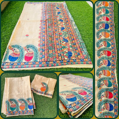 "Madhubani Handpainted Artistic Saree-Rural household theme"