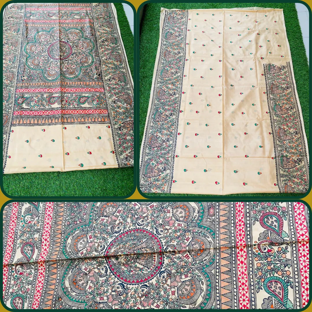 "Madhubani Handpainted Artistic Saree-The joyful dance of Krishna & the gopis "