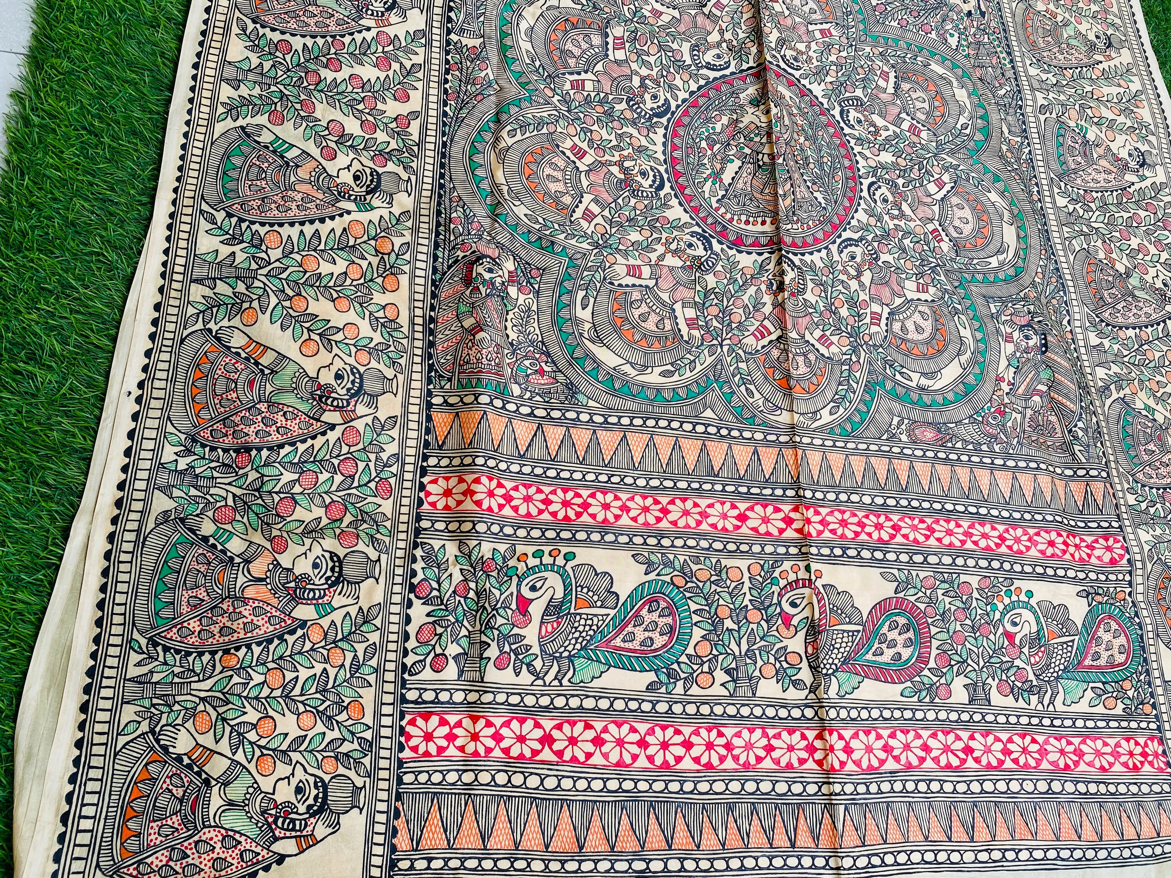 "Madhubani Handpainted Artistic Saree-The joyful dance of Krishna & the gopis "
