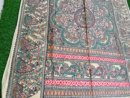 "Madhubani Handpainted Artistic Saree-The joyful dance of Krishna & the gopis "