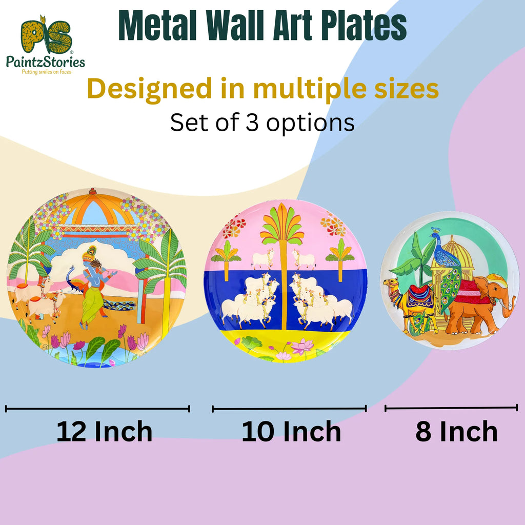 PAINTZSTORIES Metal Wall Art Plates for Home Decoration | Decorative Wall Plates | Wall Decor items for Living Room & Bedroom | Handmade Artwork Indian Art | Décor Items | Gift for house (Set of 3)