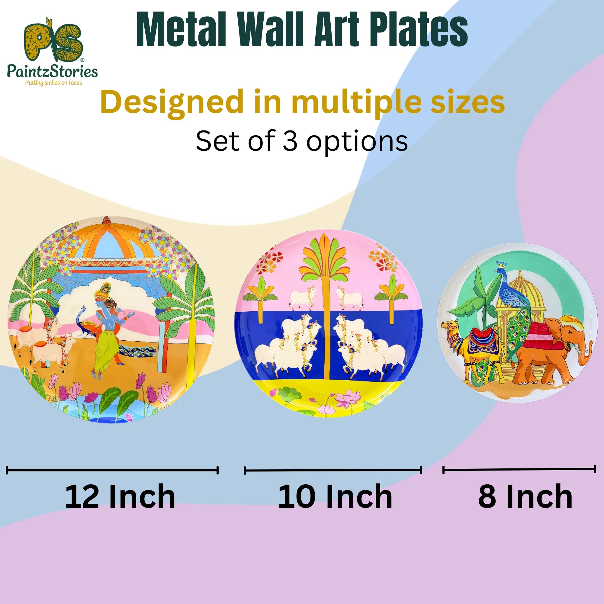 PAINTZSTORIES Metal Wall Art Plates for Home Decoration | Decorative Wall Plates | Wall Decor items for Living Room & Bedroom | Handmade Artwork Indian Art | Décor Items | Gift for house (Set of 3)