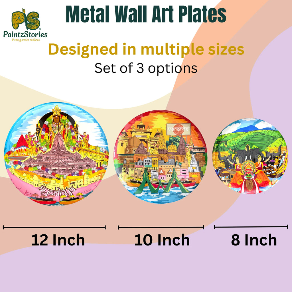 PAINTZSTORIES Metal Wall Art Plates for Home Decoration | Decorative Wall Plates | Wall Decor for Living Room & Bedroom | Handmade Artwork Spiritual paths | Décor Items | Gift for house (Set of 3)