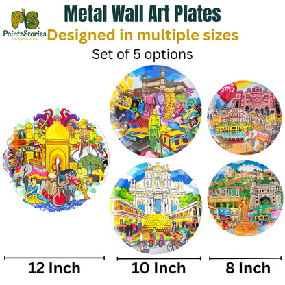 PAINTZSTORIES Metal Wall Art Plates for Home Decoration | Decorative Wall Plates | Wall Decor items for Living Room & Bedroom | Handmade Artwork Indian Cities | Décor Items | Gift for house (Set of 5)