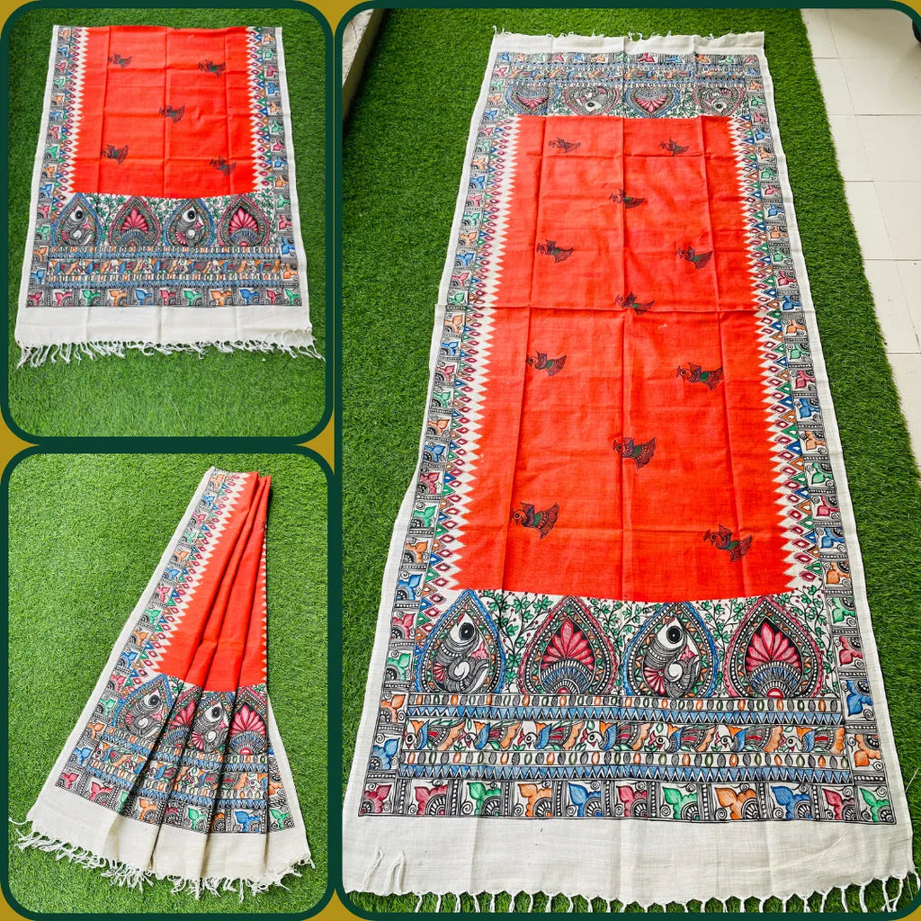 "Madhubani Hand Painted Artistic Cotton Dupatta"