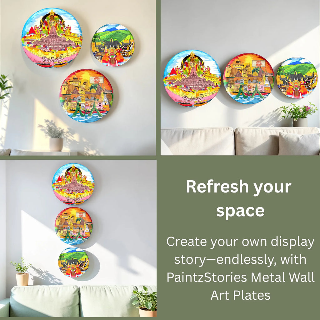 PAINTZSTORIES Metal Wall Art Plates for Home Decoration | Decorative Wall Plates | Wall Decor for Living Room & Bedroom | Handmade Artwork Spiritual paths | Décor Items | Gift for house (Set of 3)