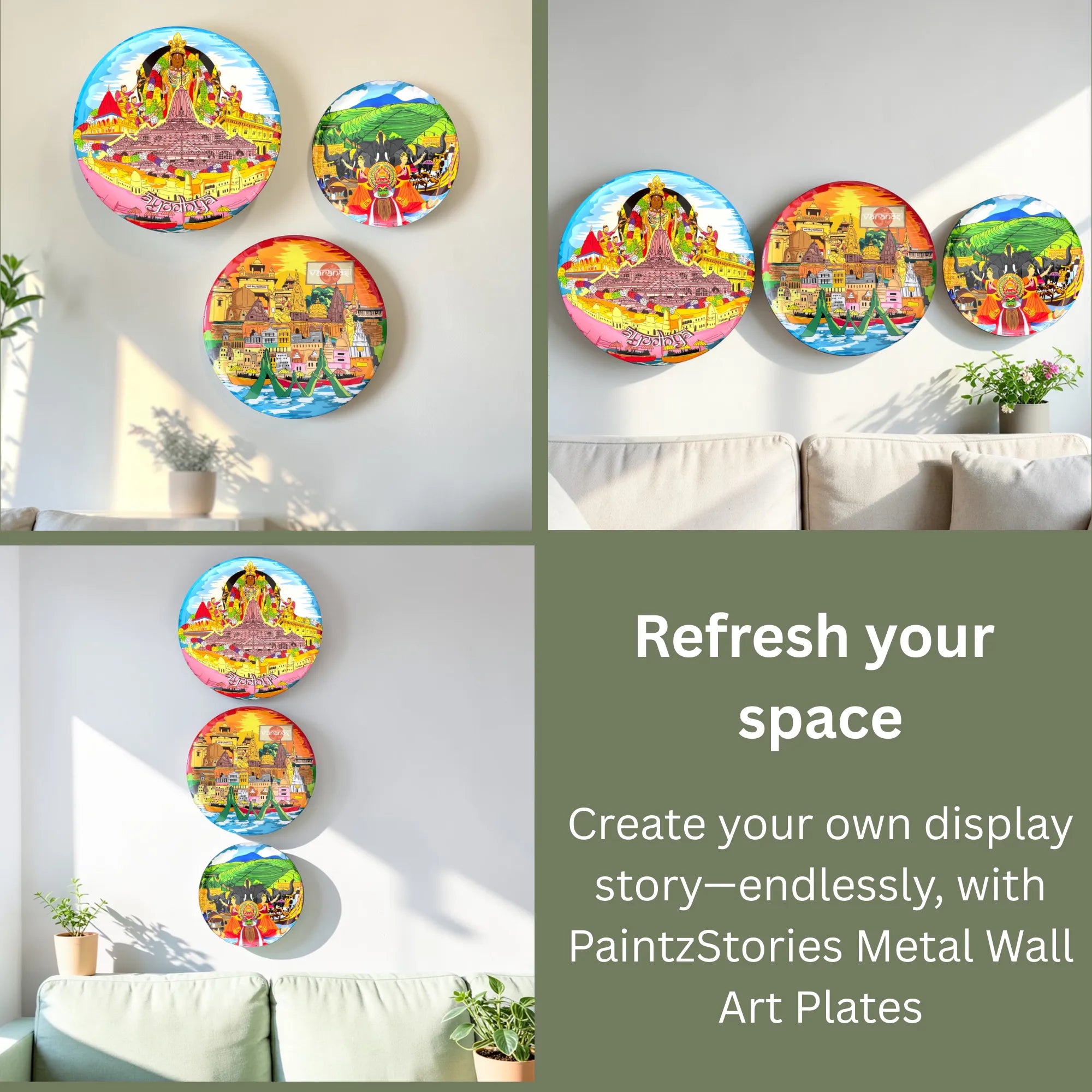 PAINTZSTORIES Metal Wall Art Plates for Home Decoration | Decorative Wall Plates | Wall Decor for Living Room & Bedroom | Handmade Artwork Spiritual paths | Décor Items | Gift for house (Set of 3)