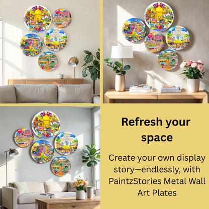PAINTZSTORIES Metal Wall Art Plates for Home Decoration | Decorative Wall Plates | Wall Decor items for Living Room & Bedroom | Handmade Artwork Indian Cities | Décor Items | Gift for house (Set of 5)