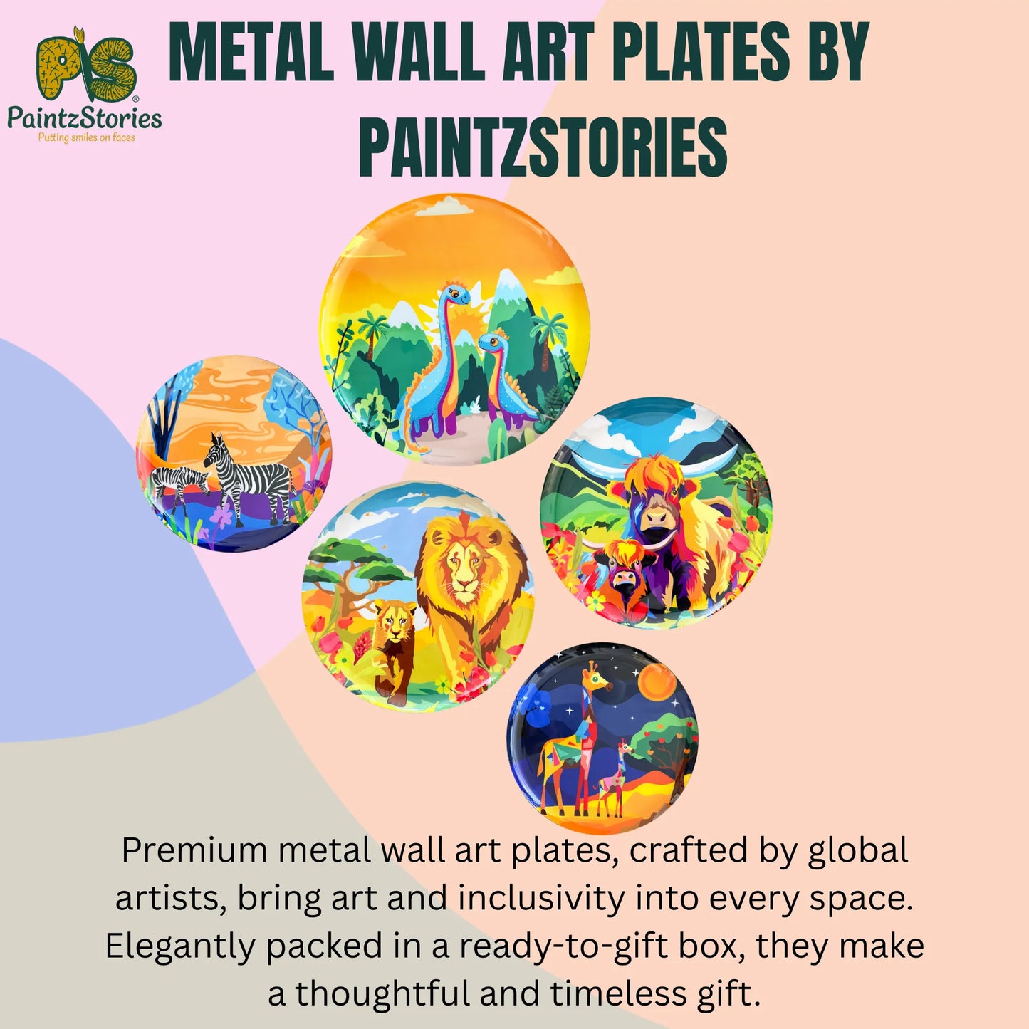 PAINTZSTORIES Metal Wall Art Plates for Home Decoration | Decorative Wall Plates | Wall Decor items for Living Room & Bedroom | Handmade Artwork Mother's love | Décor Items | Gift for house (Set of 5)