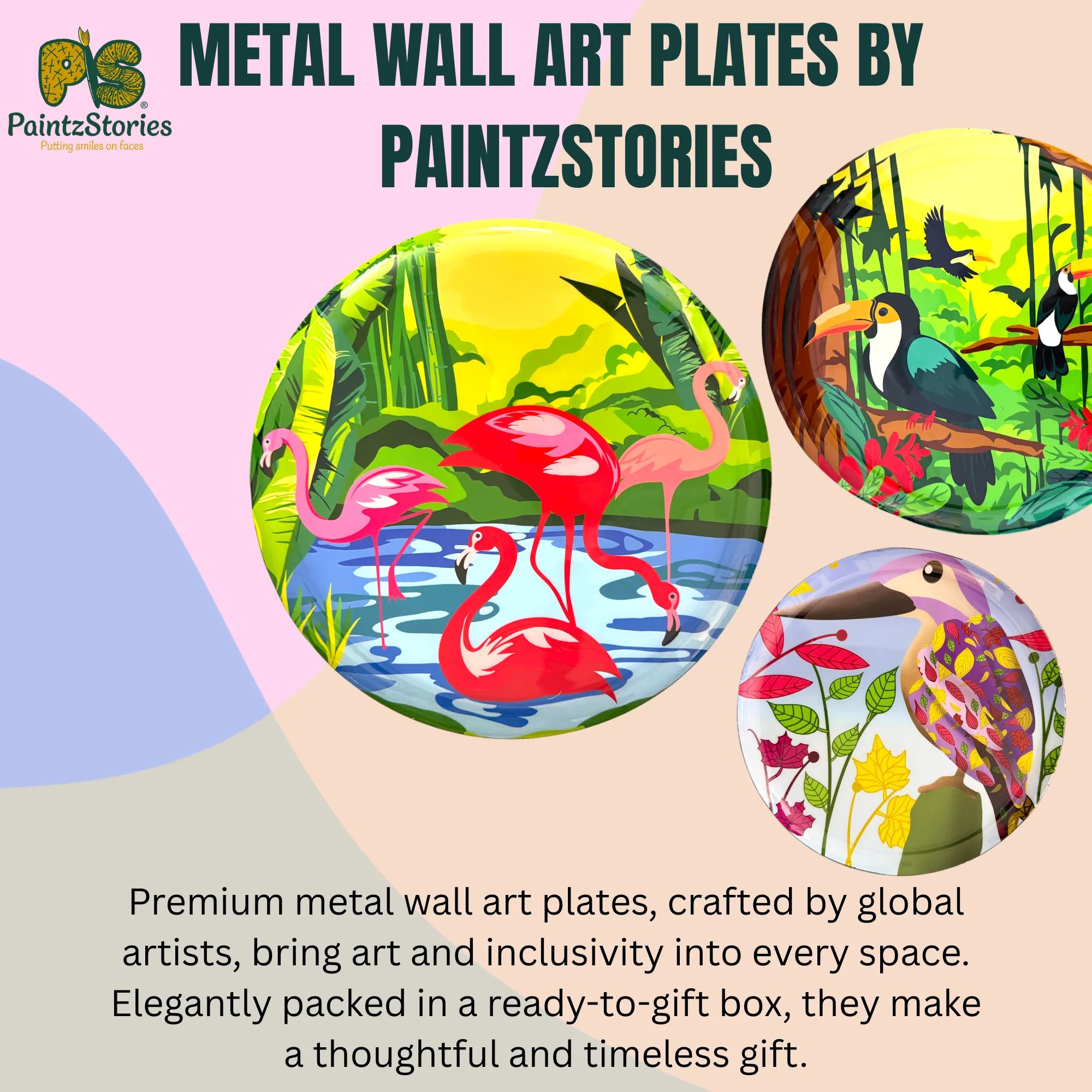 PAINTZSTORIES Metal Wall Art Plates for Home Decoration | Decorative Wall Plates | Wall Décor for Living Room & Bedroom | Handmade Artwork Wings of Serenity | Décor Items | Gift for house (Set of 3)