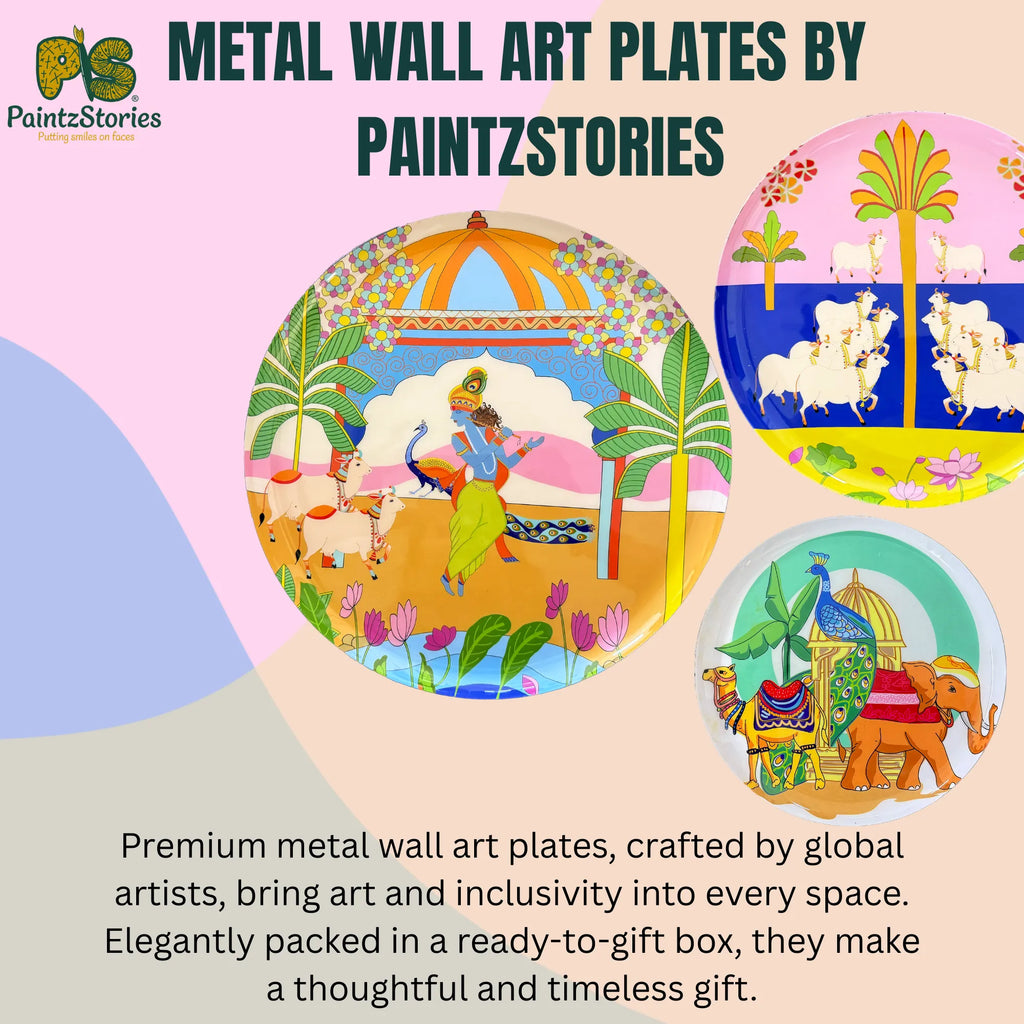 PAINTZSTORIES Metal Wall Art Plates for Home Decoration | Decorative Wall Plates | Wall Decor items for Living Room & Bedroom | Handmade Artwork Indian Art | Décor Items | Gift for house (Set of 3)