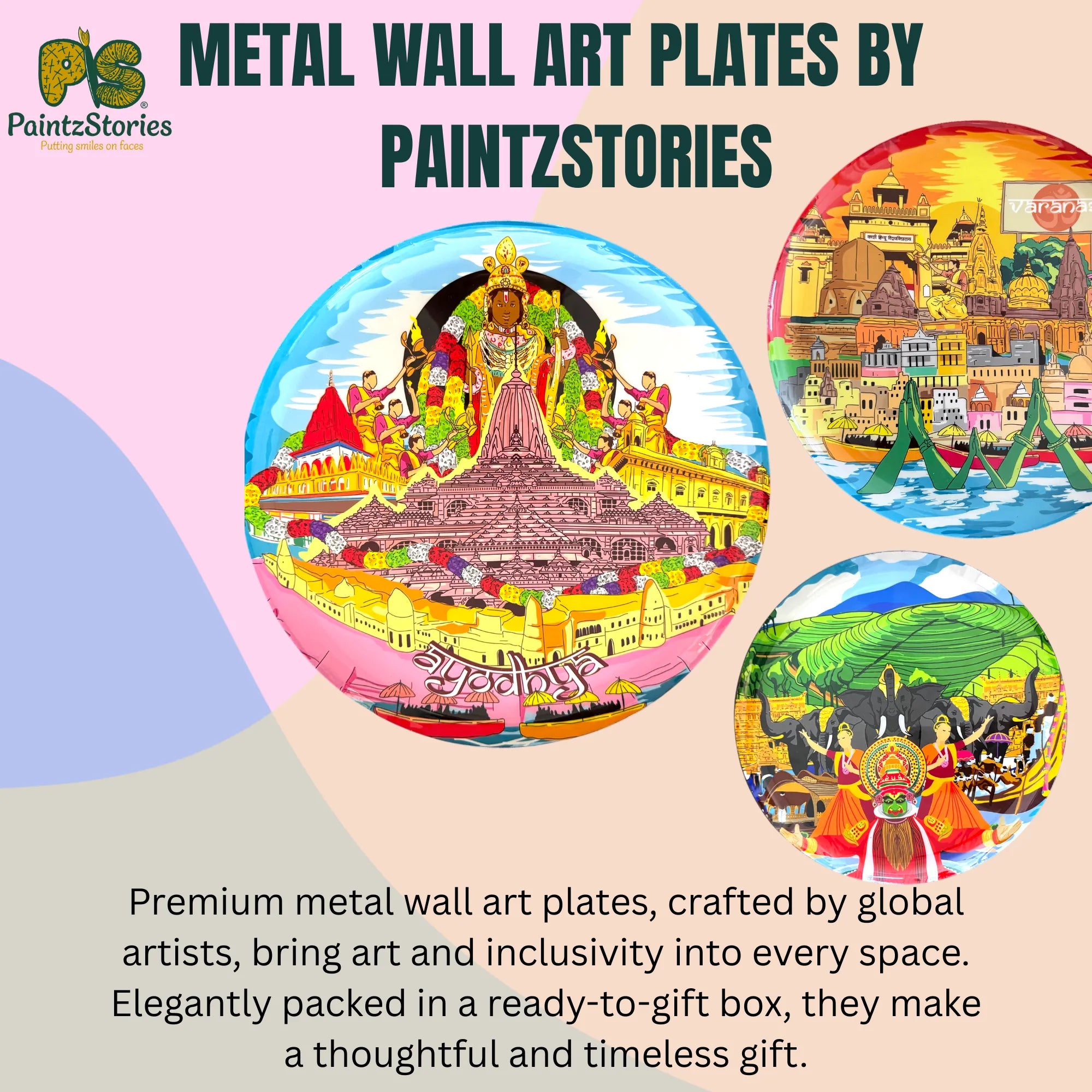 PAINTZSTORIES Metal Wall Art Plates for Home Decoration | Decorative Wall Plates | Wall Decor for Living Room & Bedroom | Handmade Artwork Spiritual paths | Décor Items | Gift for house (Set of 3)