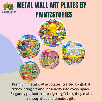 PAINTZSTORIES Metal Wall Art Plates for Home Decoration | Decorative Wall Plates | Wall Decor items for Living Room & Bedroom | Handmade Artwork Indian Cities | Décor Items | Gift for house (Set of 5)