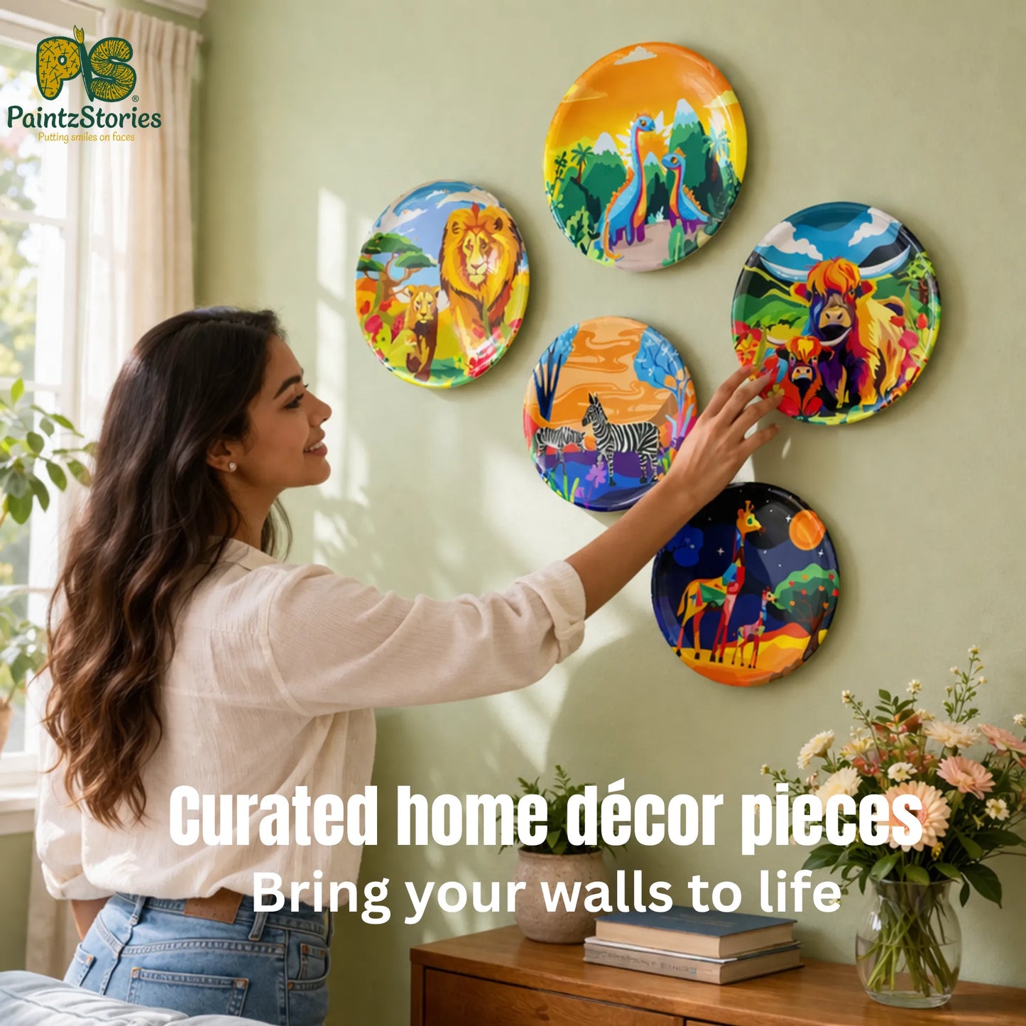 PAINTZSTORIES Metal Wall Art Plates for Home Decoration | Decorative Wall Plates | Wall Decor items for Living Room & Bedroom | Handmade Artwork Mother's love | Décor Items | Gift for house (Set of 5)