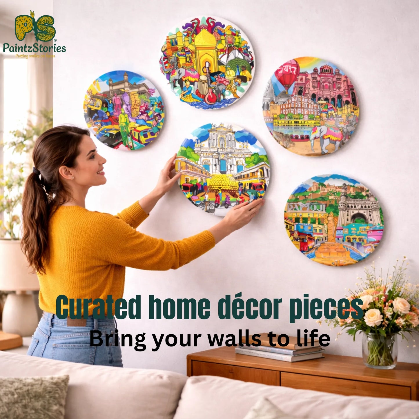 PAINTZSTORIES Metal Wall Art Plates for Home Decoration | Decorative Wall Plates | Wall Decor items for Living Room & Bedroom | Handmade Artwork Indian Cities | Décor Items | Gift for house (Set of 5)
