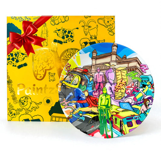 PAINTZSTORIES Decorative Wall Plate for Home Decoration | Ceramic Wall Art Plate | Wall Decor items for Living Room & Bedroom | Handmade Artwork Mumbai Hustle | Gift for house | 10 INCH