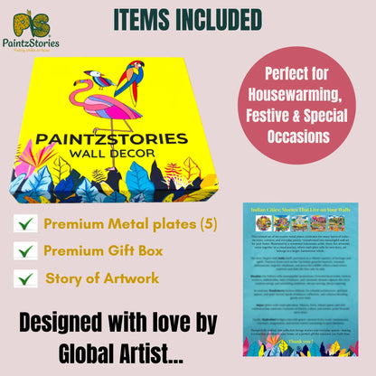 PAINTZSTORIES Metal Wall Art Plates for Home Decoration | Decorative Wall Plates | Wall Decor items for Living Room & Bedroom | Handmade Artwork Indian Cities | Décor Items | Gift for house (Set of 5)