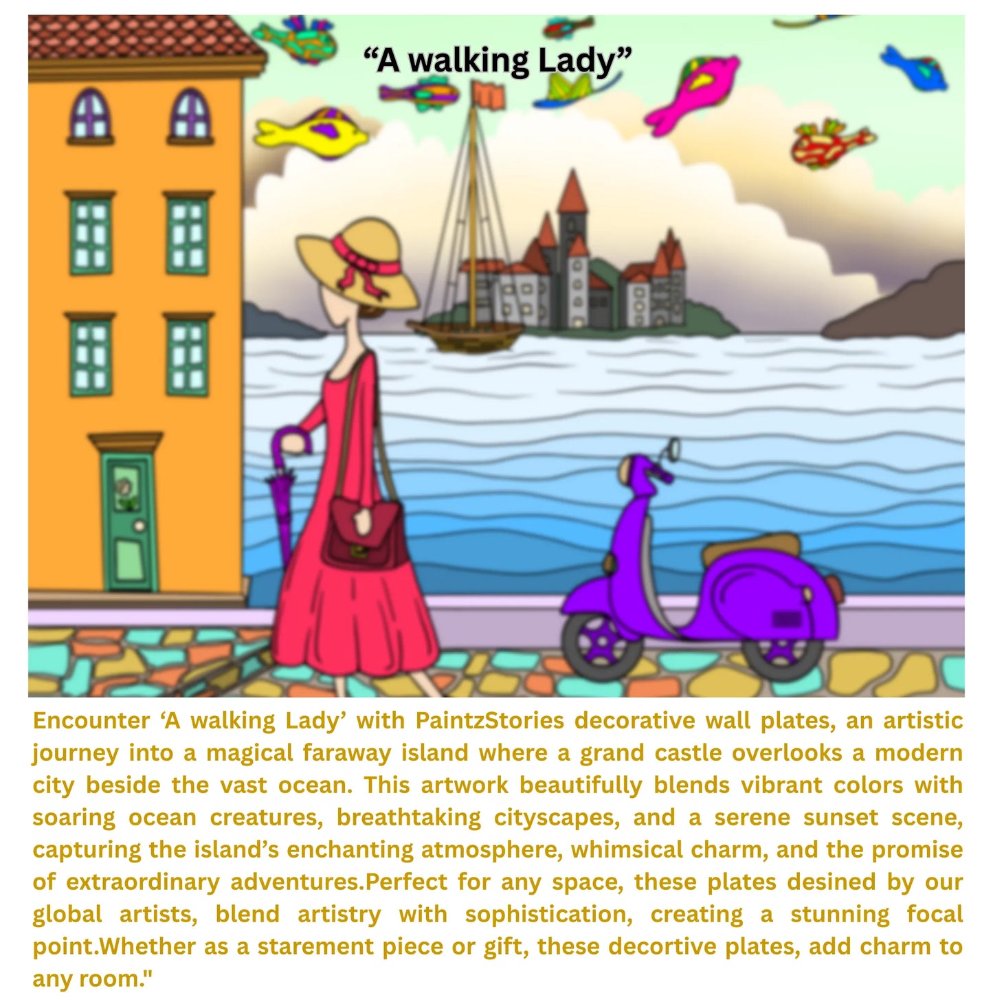 PAINTZSTORIES Decorative Wall Plate for Home Decoration | Ceramic Wall Art Plate | Wall Decor items for Living Room & Bedroom | Handmade Artwork A Walking Lady | Gift for house | 10 INCH