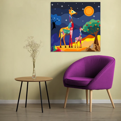 "Gentle Giants: Low Poly Giraffes in a Nighttime Oasis" Canvas  Print I Wall Décor I Art work I 2 Feet *2 Feet I Art on Wall I Authentic Art I