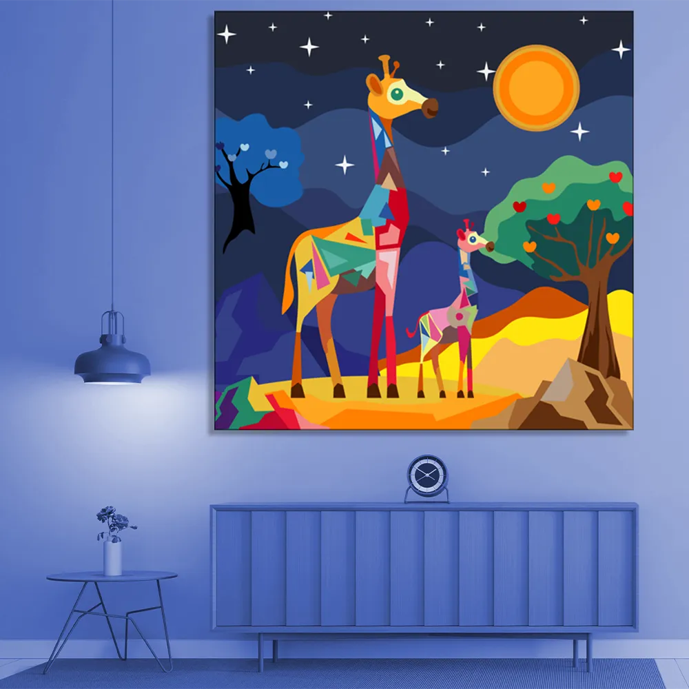 "Gentle Giants: Low Poly Giraffes in a Nighttime Oasis" Canvas  Print I Wall Décor I Art work I 2 Feet *2 Feet I Art on Wall I Authentic Art I
