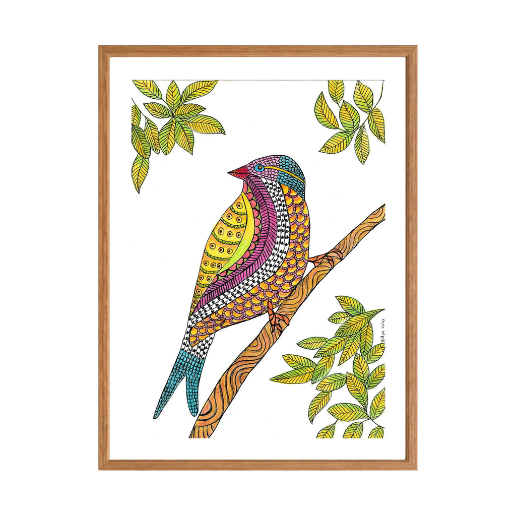 Madhubani painting Colourful Bird, handmade Mithila art wall decor, size 8.3 x 11.3 inch