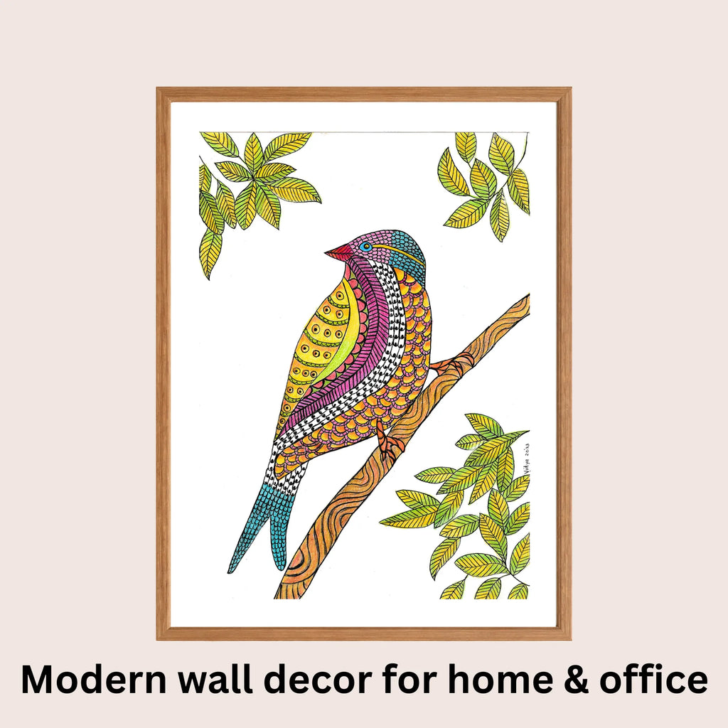 Colourful Bird Madhubani art in modern home decor