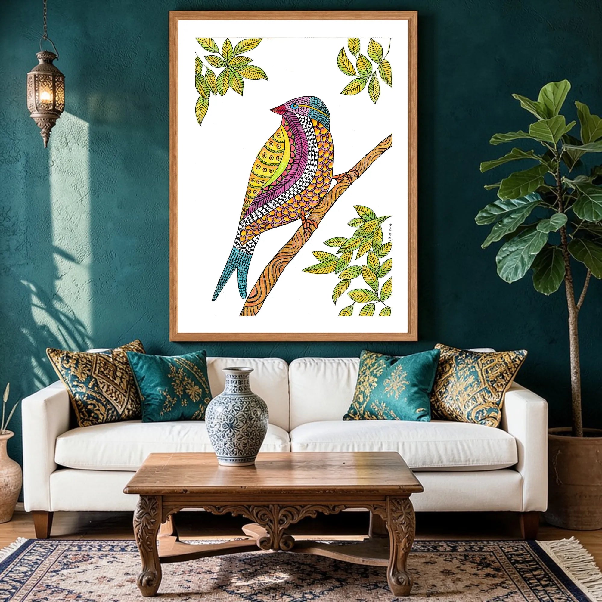 Colourful Bird artwork above sofa