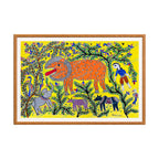Madhubani painting Lion Animals Birds, handmade Mithila art wall decor, size 30 x 22 inch
