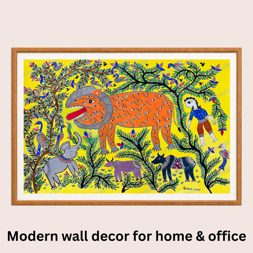 Lion Animals Birds Madhubani art in modern home decor