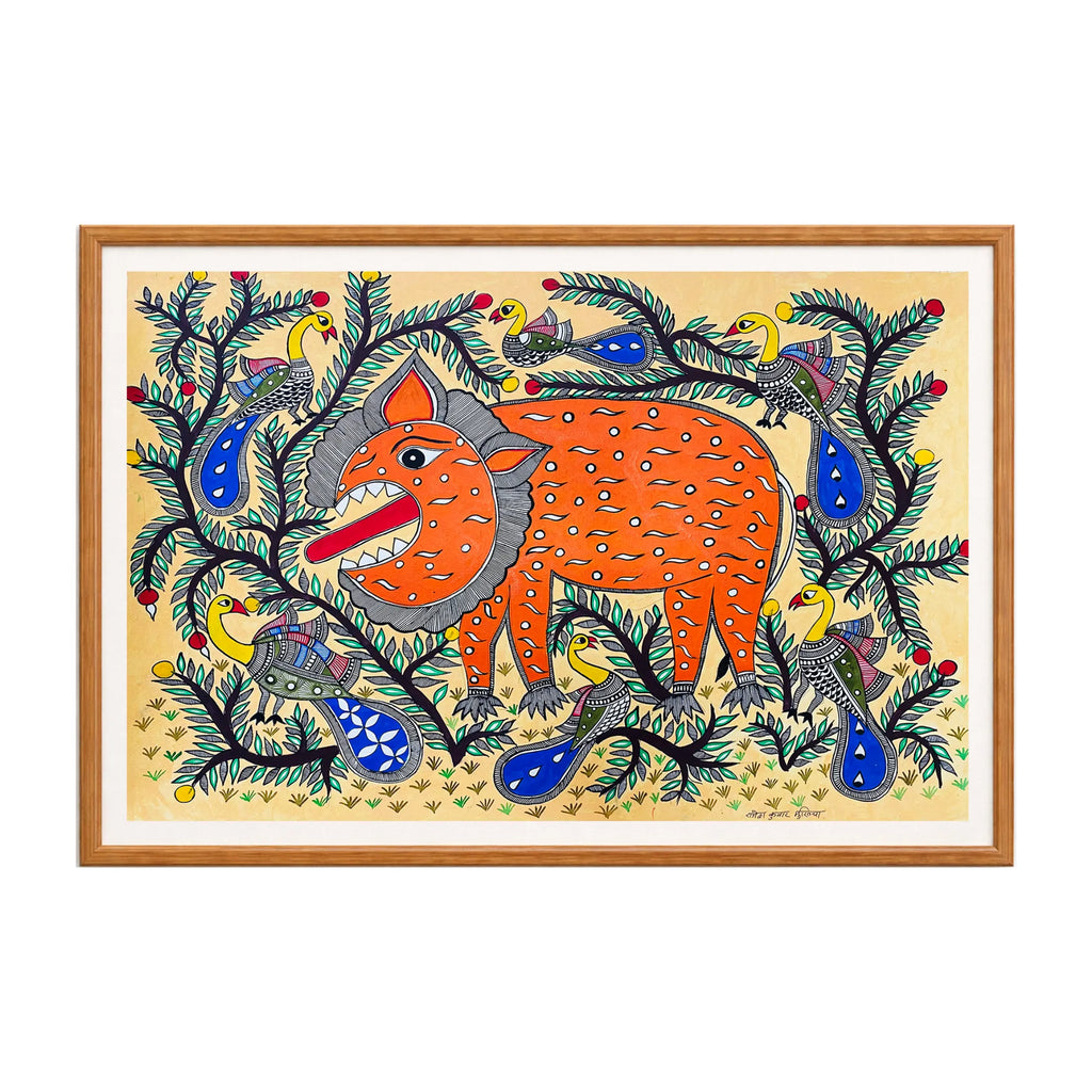 Madhubani painting Lion and Birds, handmade Mithila art wall decor, size 30 x 22 inch