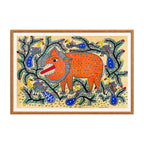 Madhubani painting Lion and Birds, handmade Mithila art wall decor, size 30 x 22 inch